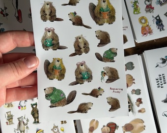 Hoja de pegatinas de castores ilustración Catherine Redgate papel papelería pegatinas lindas calcomanía animal peculiar acogedor arte roedor castores planta té