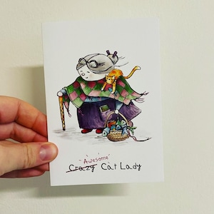 Impressionnante carte de voeux CAT LADY A6 - vierge à l'intérieur de Catherine Redgate Grand-mère chats ami félin positif heureux post personnage fantaisiste