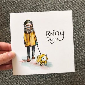 GIORNI DI PIOGGIA Biglietto d'auguri vuoto Catherine Redgate illustrazione dog walker personaggio freddo scozzese inverno pioggia scottie mac tempo piovoso