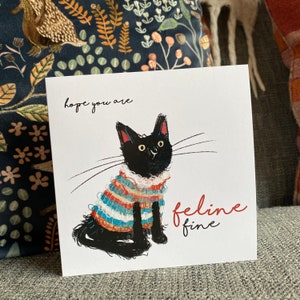 Chat noir belle carte de voeux vierge à l'intérieur de l'illustration du cavalier Catherine Redgate Ecosse, rétablissement positif, bonne chance, chats