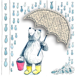 Carte de voeux Raining Fish - vierge à l'intérieur - par Catherine Redgate BEAR parapluie en caoutchouc wellies get well soon sympathie amusant jour de pluie pêche fantaisiste