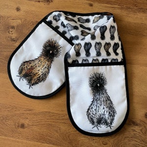 SILKIE chicken Double OVEN GLOVES cotton hanging loop Catherine Redgate kitchenware homeware gift home new house chef British uk cook hen image 1
