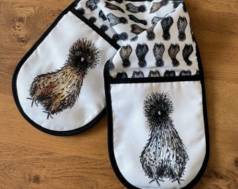 SILKIE chicken Double OVEN GLOVES cotton hanging loop Catherine Redgate kitchenware homeware gift home new house chef British uk cook hen