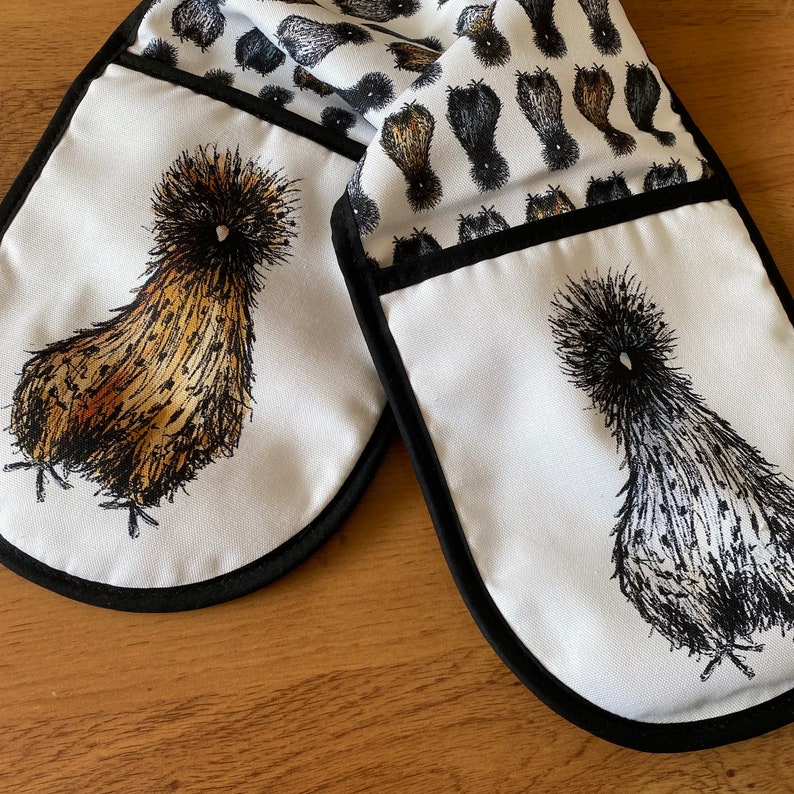 SILKIE chicken Double OVEN GLOVES cotton hanging loop Catherine Redgate kitchenware homeware gift home new house chef British uk cook hen image 8