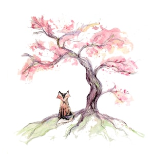 Carte de voeux de renard cerisier - intérieur vierge - par Catherine Redgate, illustration de la forêt japonaise, sympathie fantaisiste, sakura japon