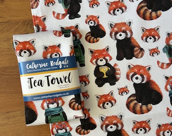 RODE PANDA geïllustreerde theedoek 100% katoen met ophanglus Catherine Redgate keukengerei woonaccessoires vaatdoek beer schattige dieren dieren in het wild