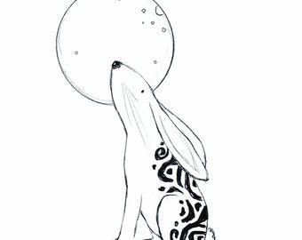 MOON HARE 2" or 3” wooden rubber stamper Catherine Redgate cute quirky whimsical hand drawn illustration guardian hares rabbit magic animal