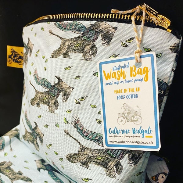 Scottie Dog WASH BAG 100% cotton Catherine Redgate homeware gift scottish pencil case make up pouch travel bag gift Scottish dogs fun bags