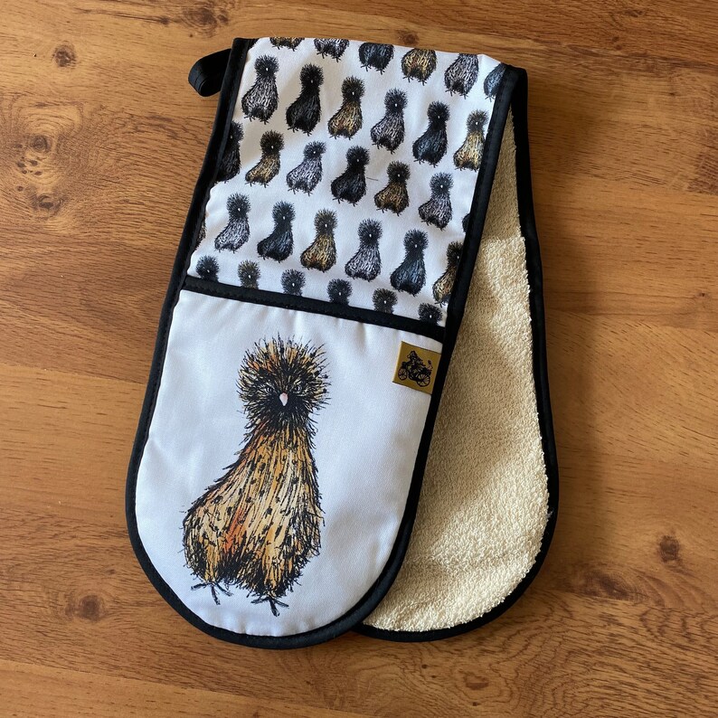 SILKIE chicken Double OVEN GLOVES cotton hanging loop Catherine Redgate kitchenware homeware gift home new house chef British uk cook hen image 4