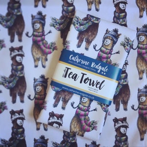ALPACA illustrated TEA TOWEL - 100% cotton with hanging loop- by Catherine Redgate - kitchenware homeware gift llama farm country aztec hat