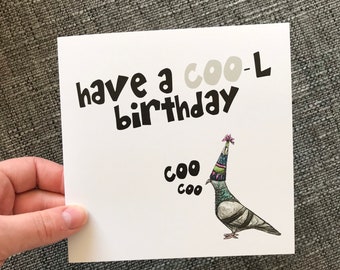 COO-L Pigeon Birthday Card blank Catherine Redgate illustration bird funny humorous coo game british britain scottish scotland pun hat party