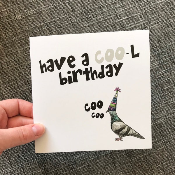 COO-L Pigeon Birthday Card blank Catherine Redgate illustration bird funny humorous coo game british britain scottish scotland pun hat party