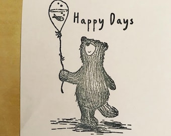 HAPPY DAYS BEAR 3" wooden rubber stamper Catherine Redgate scrapbooking bujo craft stamp stamping fish bowl balloon positivity