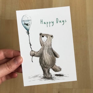 Carte postale ours HAPPY DAYS - par Catherine Redgate - positivité amour illustration message positif positivité bocal à poissons amusant mignon insouciance