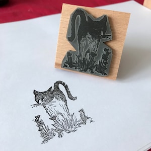 Inquisitive KITTY - 2&quot; wooden rubber stamper Catherine Redgate - Scotland Scottish pet cat cute flower poppy stamp positive adventure proud