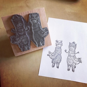 ALPACA LLAMA 2 per 1 - timbro in gomma di legno - 3" di Catherine Redgate - carino avventuroso cappello azteco soffice divertente post cancelleria timbro animale