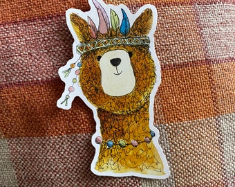 Hippy LLAMA Sticker illustration catherine redgate paper bujo stationery indian headdress cottage core cosy alpaca cute animal animals