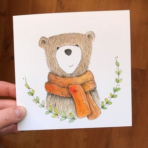 Carte de voeux PORTRAIT OURS des bois vierge à l'intérieur de Catherine Redgate Ecosse Ecosse anniversaire écharpe d'automne forêt douillette sympathie