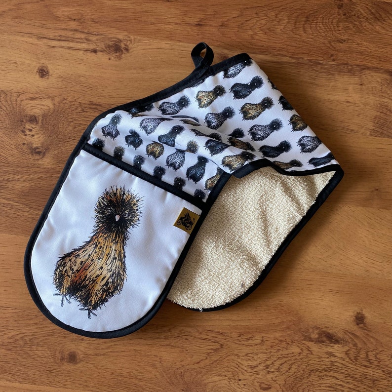 SILKIE chicken Double OVEN GLOVES cotton hanging loop Catherine Redgate kitchenware homeware gift home new house chef British uk cook hen image 7