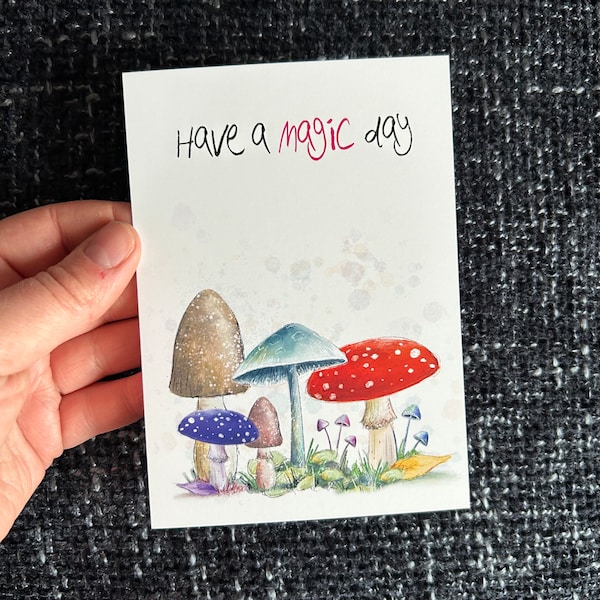 MAGIC DAY MUSHROOMS postcard Catherine Redgate illustration positive post dark academia toadstool mushroom fungi forest  nature plant card