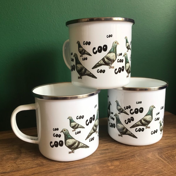 PIGEON Coo Coo ENAMEL mug illustrated adventure sole camper camping walking hiking Catherine Redgate outdoor bird british pest rodent nature