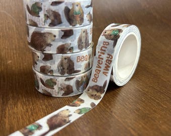 Cinta washi de castor, papel de papelería para manualidades, ilustrar, estilo escocés, Catherine Redgate, bullet journal, divertido, castor, adorable, animal, acogedor, diario artístico