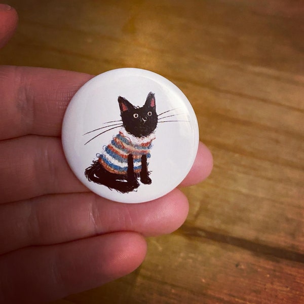 BLACK CAT button badge Scotland Scottish cats in jumpers jumper animal illustrated cute  Catherine Redgate funny pin badge cute meow