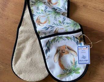 Spring BUNNY Double OVEN GLOVES cotton hanging loop Catherine Redgate kitchenware homeware gift home new house chef Scottish cook rabbit