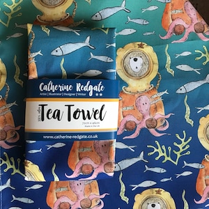 DIVER BEAR illustrated TEA Towel - 100% cotton with hanging loop Catherine Redgate - kitchenware homeware gift teddy swim dive ocean octopus