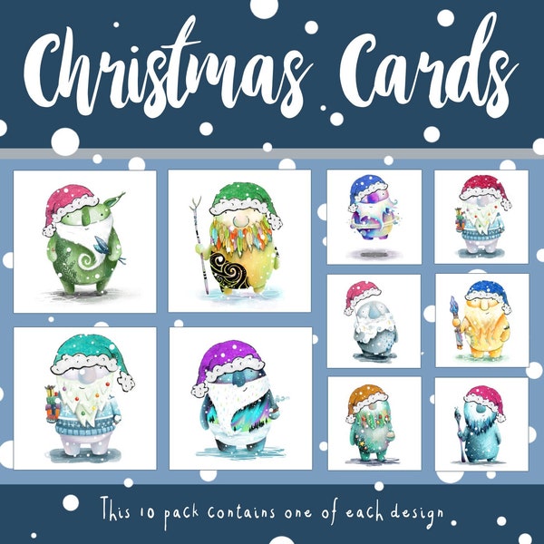 10 pack SPIRITS illustrated CHRISTMAS CARDS Catherine Redgate xmas card humour whimsy spirit santa hat fun whimsical ocean adventure