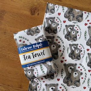 BEAR HUGS illustrated tea TOWEL 100% cotton hanging loop Catherine Redgate kitchenware homeware gift cute teddy happy baker cook hug love