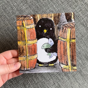 Carte de voeux MANCHOT PASSAGER - vierge à l'intérieur de Catherine Redgate amusant positif joli couple poisson pêche nouvelle maison sympathie cacher timide oiseau timide