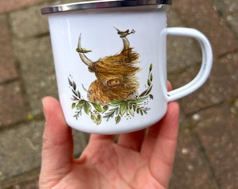 Windswept HEELAN COO ENAMEL mug - illustrated adventure sole camper hiker camping walking hiking - by Catherine Redgate - Highland Cow leafy
