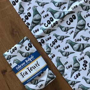 PIGEON illustrated TEA TOWEL 100% cotton with hanging loop Catherine Redgate kitchenware homeware gift scottish bird home new house cool fun