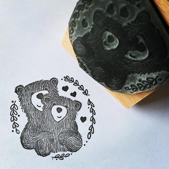 LOVE BEARS wooden rubber stamper 2” 3” large Catherine Redgate Scottish teddy stamp gift wrapping craft valentine bear couple hug friend