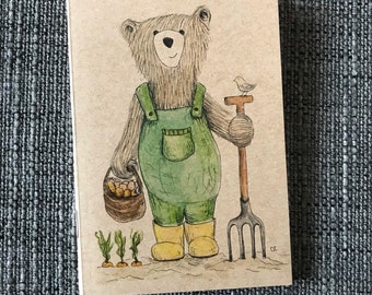 GARDEN BEAR - A6 Eco Jotter Artist Sketchpad Notebook plain inside - stocking filler Catherine Redgate gardening diary notepad pad journal