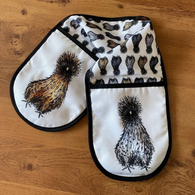 SILKIE chicken Double OVEN GLOVES cotton hanging loop Catherine Redgate kitchenware homeware gift home new house chef British uk cook hen image 5