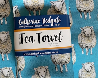 Blue SHEEP illustrated TEA TOWEL 100% cotton hanging loop Catherine Redgate kitchenware homeware gift scottish animal farm country sheeps