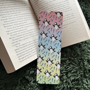 PUFFIN bird BOOKMARK Catherine Redgate illustration gift cottage core cosy art read reading book marker cute puffins dancing fish nautical