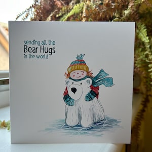 Ours câlins illustré carte de Noël vierge Catherine Redgate humour amusant lunatique original mignon Noël cartes de fête art confortable ours polaires hiver