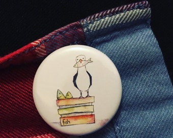 Mine Mine Mine seagull fish - button badge Catherine Redgate ocean sea gull bird cheeky cute fun fishy whimsical scottish coast pin gull