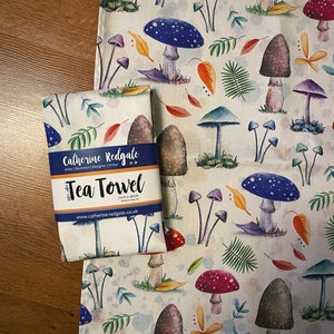 Illustrated MUSHROOM Tea Towel 100% cotton hanging loop Catherine Redgate kitchenware homeware gift home new house fungi toadstool forest