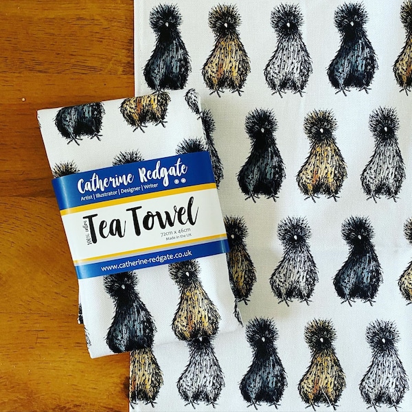 SILKIE chicken illustrated TEA TOWEL 100% cotton with hanging loop Catherine Redgate kitchenware homeware gift cute animal happy farm hen