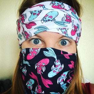 KOI LOVE FISH headwear - outdoor hairband headband headgear biking walking hiking Catherine Redgate face mask covering adventure pink blue