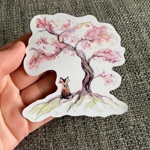 Adesivo CHERRY FOX illustrazione catherine redgate carta bujo cancelleria sakura giappone giapponese volpi capriccioso rosa fiore glower albero boschi