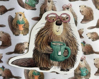 Pegatina de taza de castor, ilustración de Catherine Redgate, papel, bujo, papelería, pegatinas, aventura, patín, calcomanía, bebida, té, café, acogedor, arte, animal