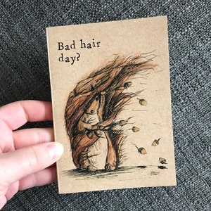 May include: A brown card featuring a cartoon squirrel with brown fur and a bushy tail. The squirrel is holding onto its fur as if it is being blown by the wind. The text "Bad hair day?" is printed on the card.