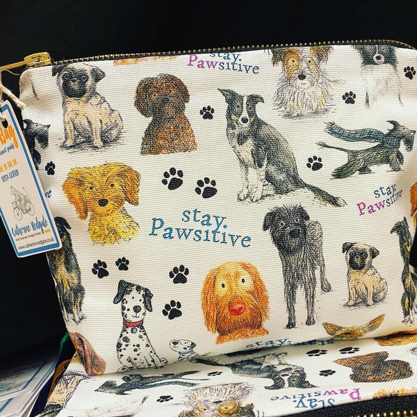 Pawsitive DOG WASH BAG 100% cotton Catherine Redgate homeware gift scottish pencil case make up pouch travel bag animal gift dogs breed pug