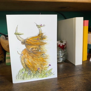 Highland COW Grußkarte A6 - leere Innenseite Catherine Redgate Scottish windy windswept niedliche Mitteilungskarten heelan coo scotland Tier Kühe