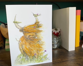 A6 Highland COW Greeting Card - blank inside Catherine Redgate Scottish windy windswept  cute message cards heelan coo scotland animal cows